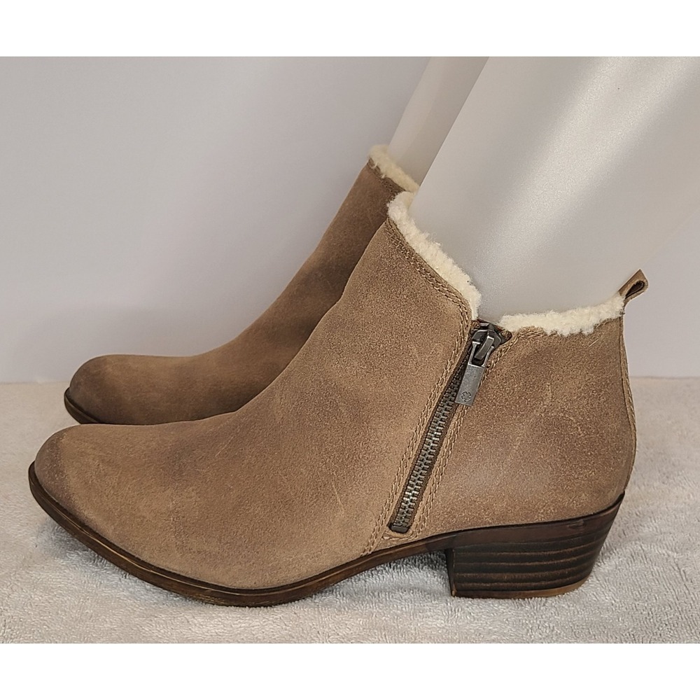 Lucky Brand Ankle Boots Women's 9.5 Brown Leather Shearling Trim Zip-Up Shoes - Picture 2 of 9